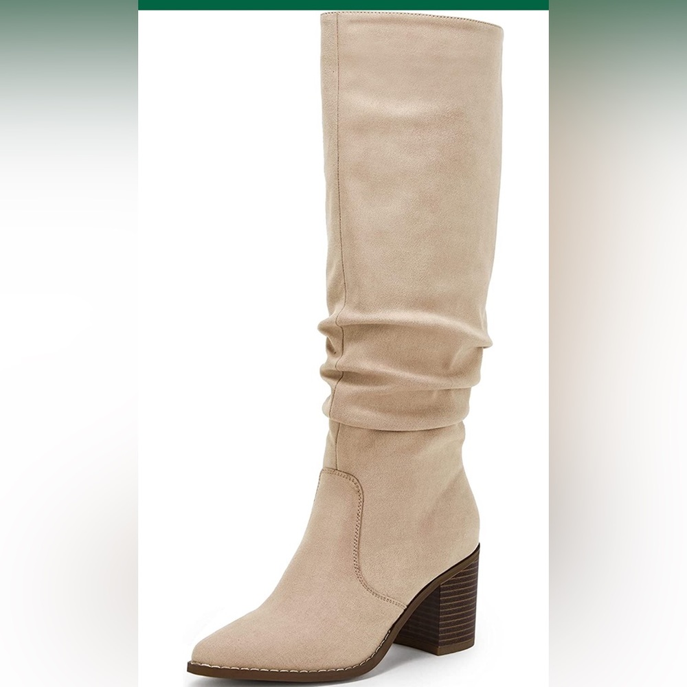 Pointed Toe Knee High Mid Chunky Heel Faux Suede Side Zipper